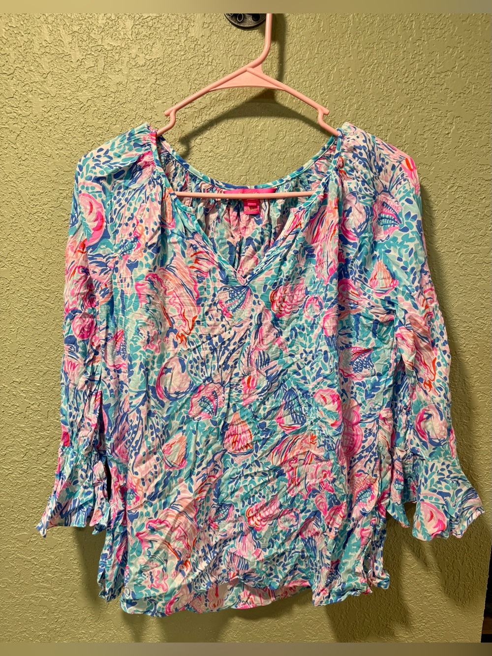Lilly Pulitzer Aqua and Pink Floral Peasant Tunic M - Picture 1 of 4